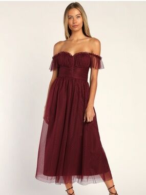NWT Lulu’s Regal Radiance Burgundy Tulle Bustier Midi Dress